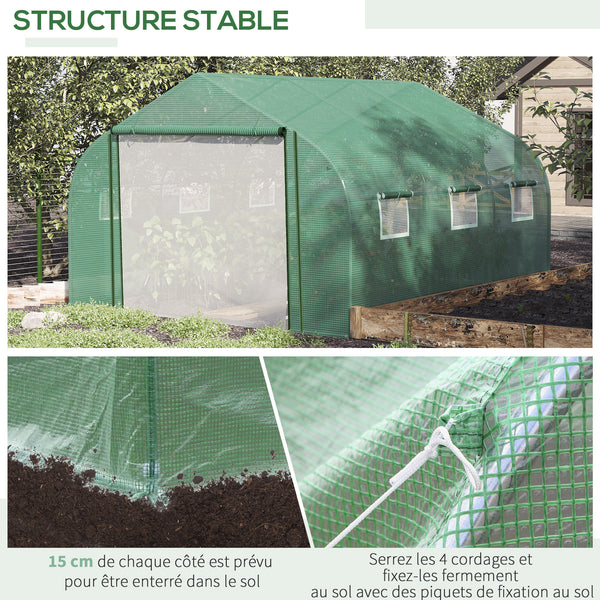 Serre Tunnel de Jardin Grande 3.5 x 3 x 2 m - 6 fenêtres et Porte zippée Enroulable - Acier galvanisé PE Haute densité Vert
