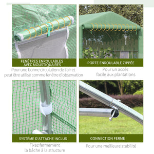Serre Tunnel de Jardin Grande 3.5 x 3 x 2 m - 6 fenêtres et Porte zippée Enroulable - Acier galvanisé PE Haute densité Vert