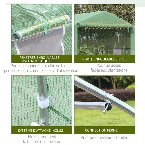 Serre Tunnel de Jardin Grande 3.5 x 3 x 2 m - 6 fenêtres et Porte zippée Enroulable - Acier galvanisé PE Haute densité Vert