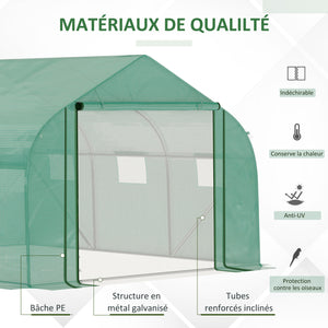 Serre Tunnel de Jardin Grande 3.5 x 3 x 2 m - 6 fenêtres et Porte zippée Enroulable - Acier galvanisé PE Haute densité Vert