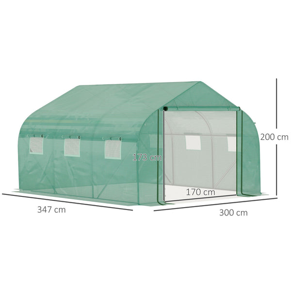 Serre Tunnel de Jardin Grande 3.5 x 3 x 2 m - 6 fenêtres et Porte zippée Enroulable - Acier galvanisé PE Haute densité Vert