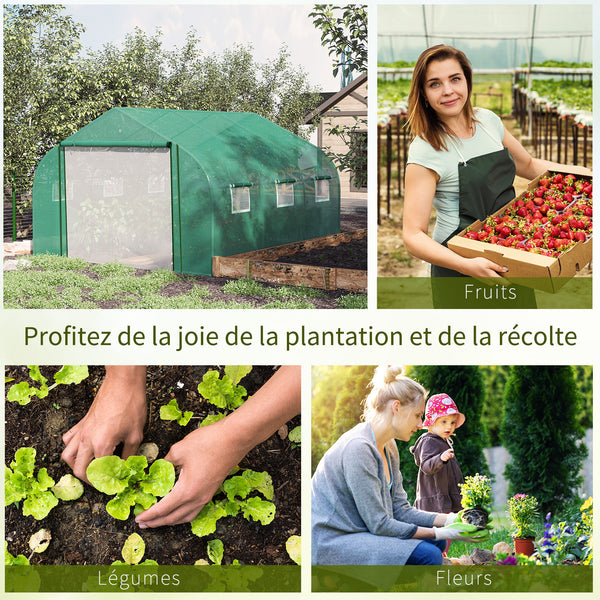 Serre Tunnel de Jardin Grande 3.5 x 3 x 2 m - 6 fenêtres et Porte zippée Enroulable - Acier galvanisé PE Haute densité Vert