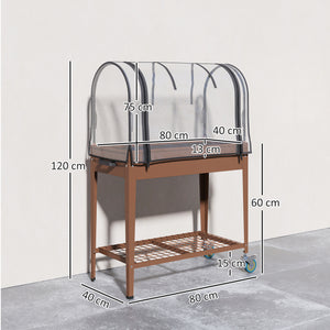 Jardinière surélevée potager avec bâche transparente, mini serre de jardin, 2 roulettes et 1 étagère inférieure pour légumes, fleurs, potager, dim. 80L x 40l x 120H cm, marron