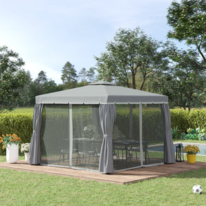 Tonnelle de jardin extérieur 3 x 3 m, barnum avec toit double, rideaux et moustiquaire, tente de réception en aluminium, tonnelle pour terrasse patio mariage baptême, gris foncé