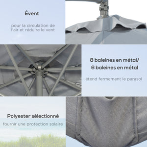 Parasol déporté octogonal rabattable diamètre 3 m parasol de jardin avec pied en croix gris foncé