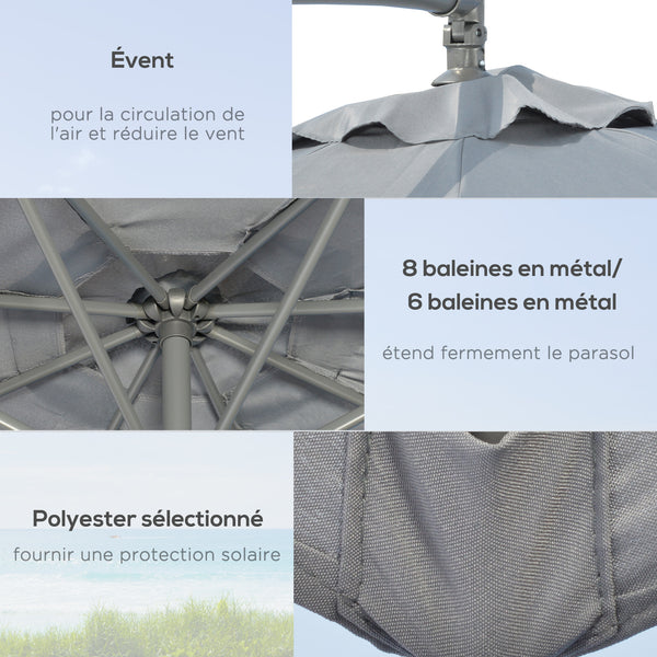 Parasol déporté octogonal rabattable diamètre 3 m parasol de jardin avec pied en croix gris foncé