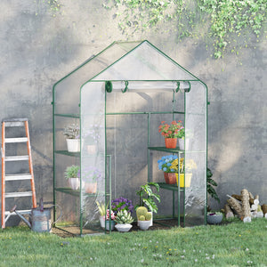 Serre de jardin avec étagères 3 niveaux, serre de balcon, bâche renforcée, châssis en acier, porte zippée enroulable, pour légumes plantes fleurs, intérieur et extérieur, 142x73x195cm, vert