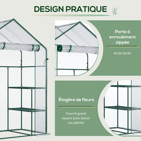 Serre de jardin avec étagères 3 niveaux, serre de balcon, bâche renforcée, châssis en acier, porte zippée enroulable, pour légumes plantes fleurs, intérieur et extérieur, 142x73x195cm, vert