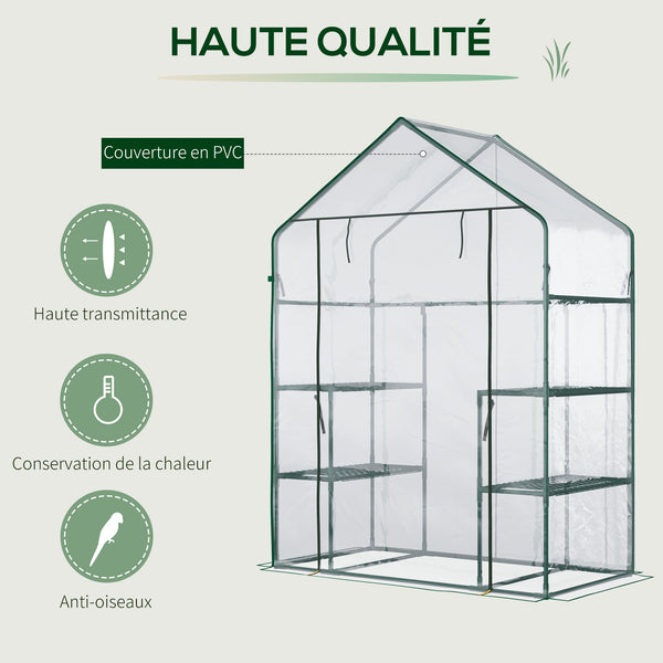 Serre de jardin avec étagères 3 niveaux, serre de balcon, bâche renforcée, châssis en acier, porte zippée enroulable, pour légumes plantes fleurs, intérieur et extérieur, 142x73x195cm, vert