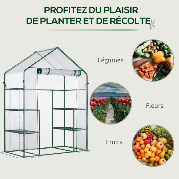 Serre de jardin avec étagères 3 niveaux, serre de balcon, bâche renforcée, châssis en acier, porte zippée enroulable, pour légumes plantes fleurs, intérieur et extérieur, 142x73x195cm, vert