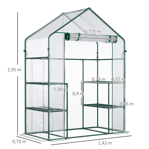 Serre de jardin avec étagères 3 niveaux, serre de balcon, bâche renforcée, châssis en acier, porte zippée enroulable, pour légumes plantes fleurs, intérieur et extérieur, 142x73x195cm, vert