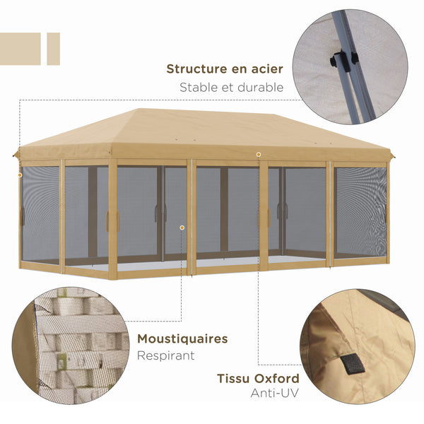 Tonnelle pliante tonnelle de jardin extérieure barnum pliant Pop-up pavillon de terrasse 6 x 3 m Anti-UV moustiquaires amovibles + Sac de Transport Beige