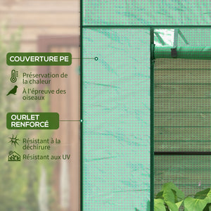 Serre de jardin PE, serre de balcon, bâche renforcée 140 g/m², châssis en acier, porte zippée enroulable, 2 fenêtres, pour légumes plantes fleurs, intérieur et extérieur, 196x77x197cm, vert