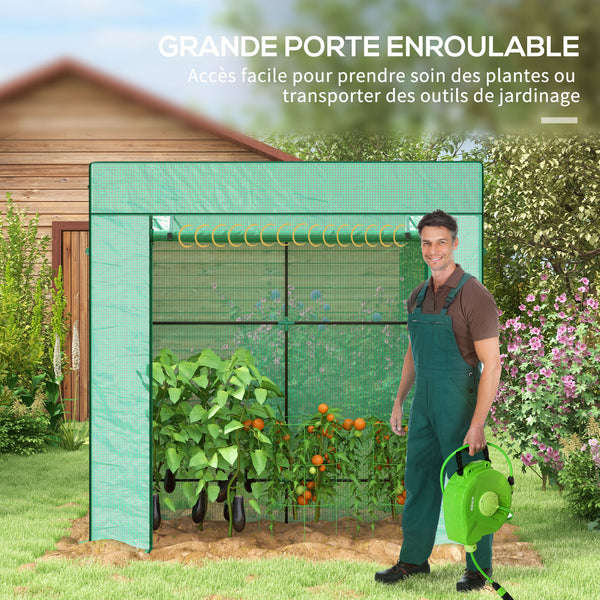 Serre de jardin PE, serre de balcon, bâche renforcée 140 g/m², châssis en acier, porte zippée enroulable, 2 fenêtres, pour légumes plantes fleurs, intérieur et extérieur, 196x77x197cm, vert