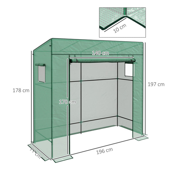 Serre de jardin PE, serre de balcon, bâche renforcée 140 g/m², châssis en acier, porte zippée enroulable, 2 fenêtres, pour légumes plantes fleurs, intérieur et extérieur, 196x77x197cm, vert
