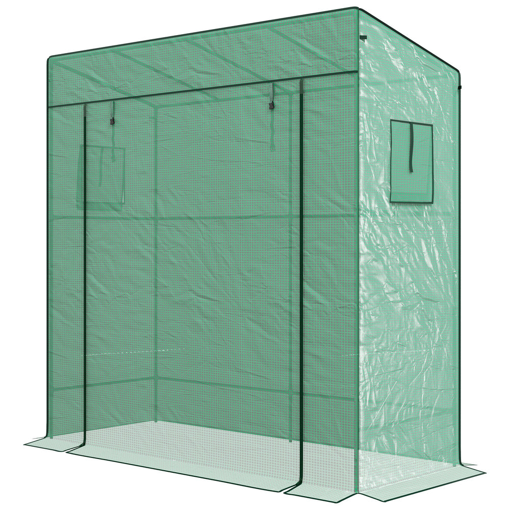 Serre de jardin PE, serre de balcon, bâche renforcée 140 g/m², châssis en acier, porte zippée enroulable, 2 fenêtres, pour légumes plantes fleurs, intérieur et extérieur, 196x77x197cm, vert