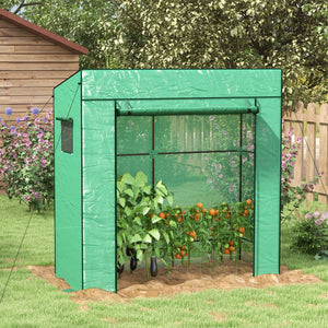 Serre de jardin PE, serre de balcon, bâche renforcée 140 g/m², châssis en acier, porte zippée enroulable, 2 fenêtres, pour légumes plantes fleurs, intérieur et extérieur, 196x77x197cm, vert