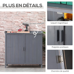 Armoire de rangement de jardin sur pied, table de rempotage 2 en 1 double porte, étagère, plateau métal galvanisé - gris