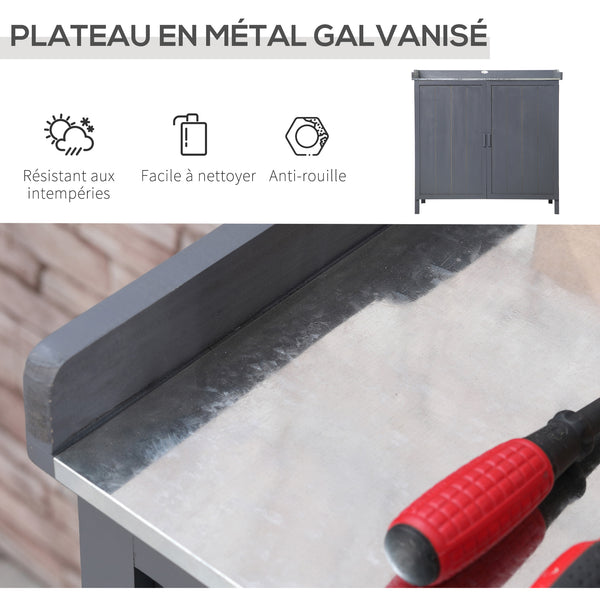 Armoire de rangement de jardin sur pied, table de rempotage 2 en 1 double porte, étagère, plateau métal galvanisé - gris