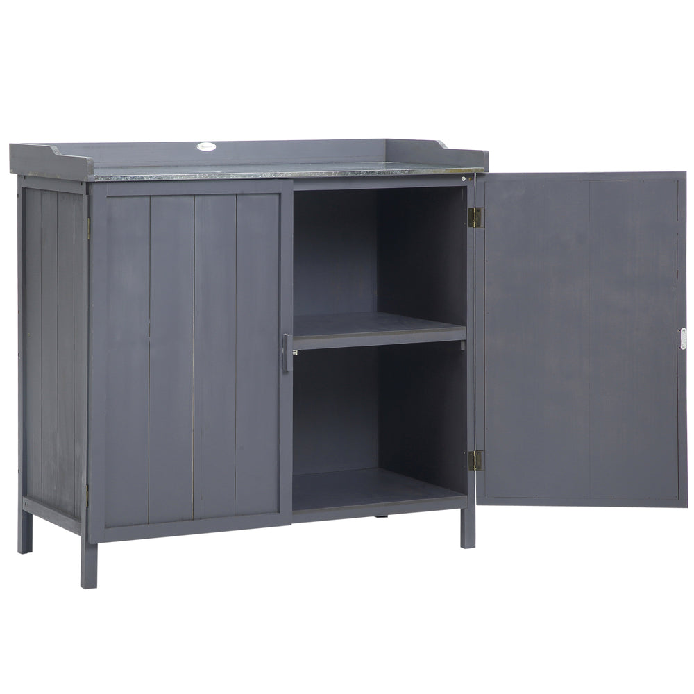 Armoire de rangement de jardin sur pied, table de rempotage 2 en 1 double porte, étagère, plateau métal galvanisé - gris