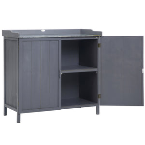 Armoire de rangement de jardin sur pied, table de rempotage 2 en 1 double porte, étagère, plateau métal galvanisé - gris