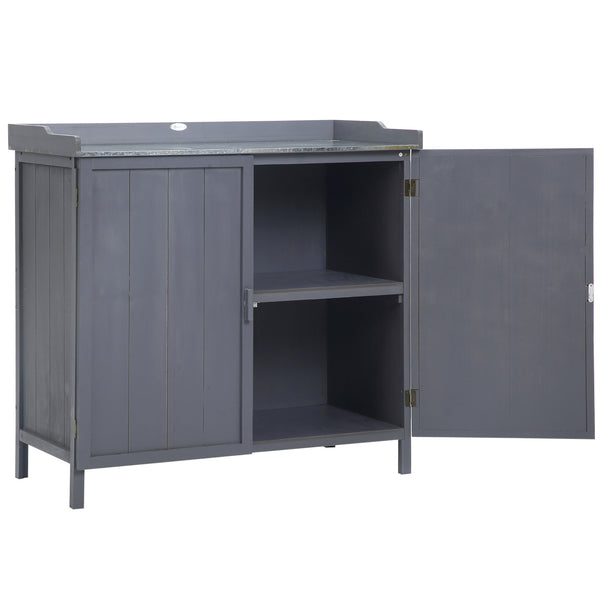 Armoire de rangement de jardin sur pied, table de rempotage 2 en 1 double porte, étagère, plateau métal galvanisé - gris