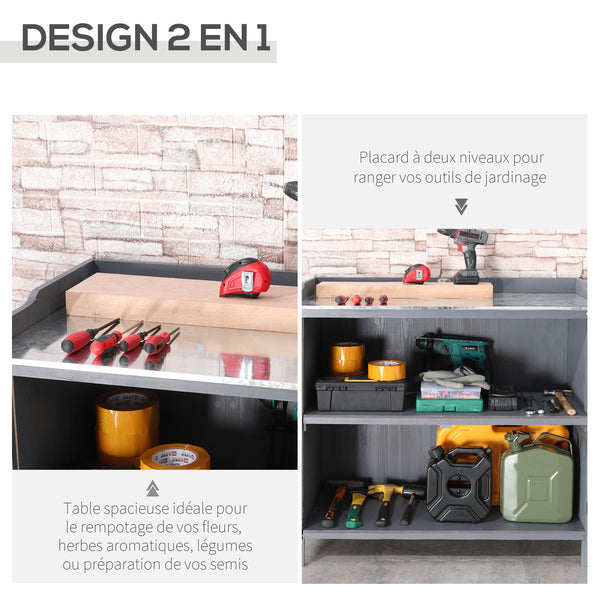 Armoire de rangement de jardin sur pied, table de rempotage 2 en 1 double porte, étagère, plateau métal galvanisé - gris