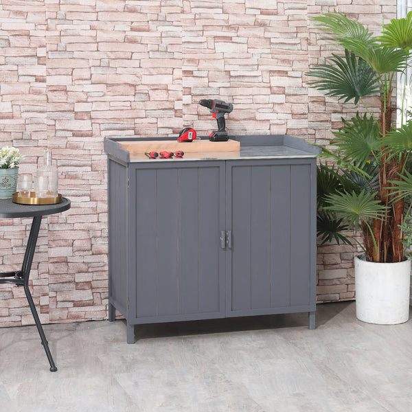 Armoire de rangement de jardin sur pied, table de rempotage 2 en 1 double porte, étagère, plateau métal galvanisé - gris