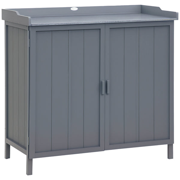 Armoire de rangement de jardin sur pied, table de rempotage 2 en 1 double porte, étagère, plateau métal galvanisé - gris