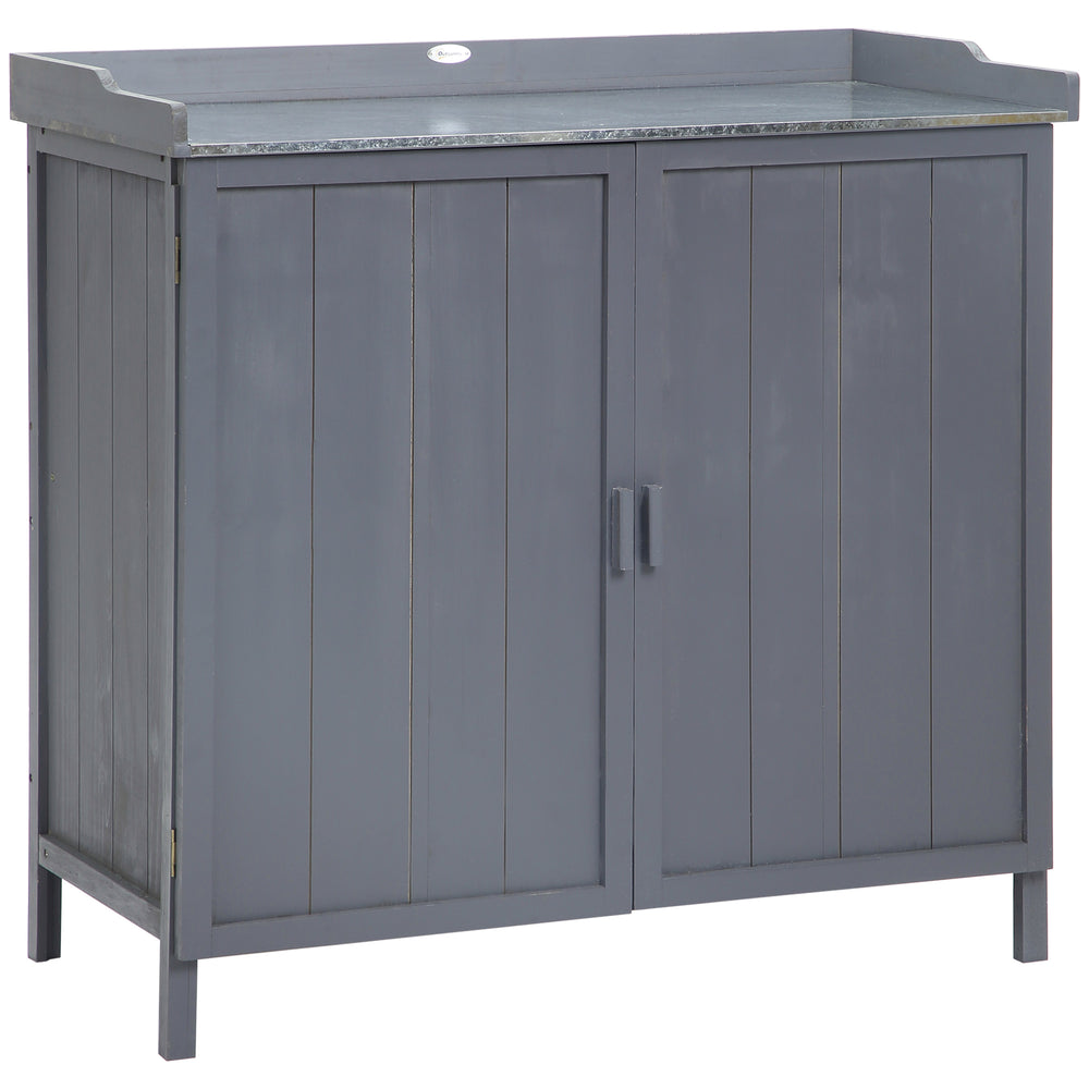 Armoire de rangement de jardin sur pied, table de rempotage 2 en 1 double porte, étagère, plateau métal galvanisé - gris