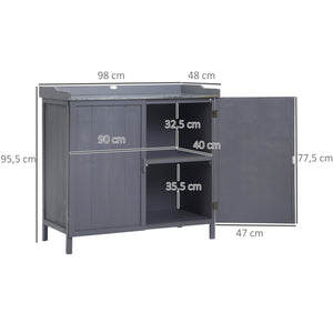 Armoire de rangement de jardin sur pied, table de rempotage 2 en 1 double porte, étagère, plateau métal galvanisé - gris