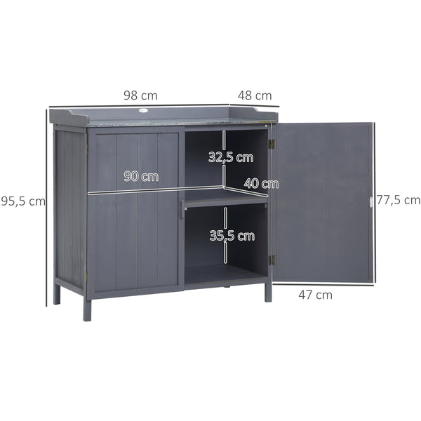 Armoire de rangement de jardin sur pied, table de rempotage 2 en 1 double porte, étagère, plateau métal galvanisé - gris
