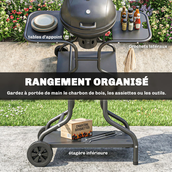 Barbecue à charbon Rond avec couvercle Barbecue Rond Extérieur avec Thermomètre, Tables Latérales, Étagère Inférieure, Roues pour Jardin, Terrasse, Noir