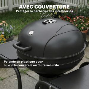 Barbecue à charbon Rond avec couvercle Barbecue Rond Extérieur avec Thermomètre, Tables Latérales, Étagère Inférieure, Roues pour Jardin, Terrasse, Noir