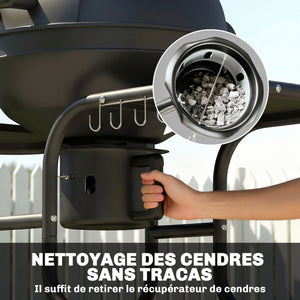 Barbecue à charbon Rond avec couvercle Barbecue Rond Extérieur avec Thermomètre, Tables Latérales, Étagère Inférieure, Roues pour Jardin, Terrasse, Noir