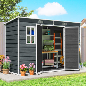 Abri de jardin en plastique  10 x 4 pieds, avec plancher, grandes fenêtres, portes verrouillables et aérations, pour outils, vélos, générateur, effet bois gris
