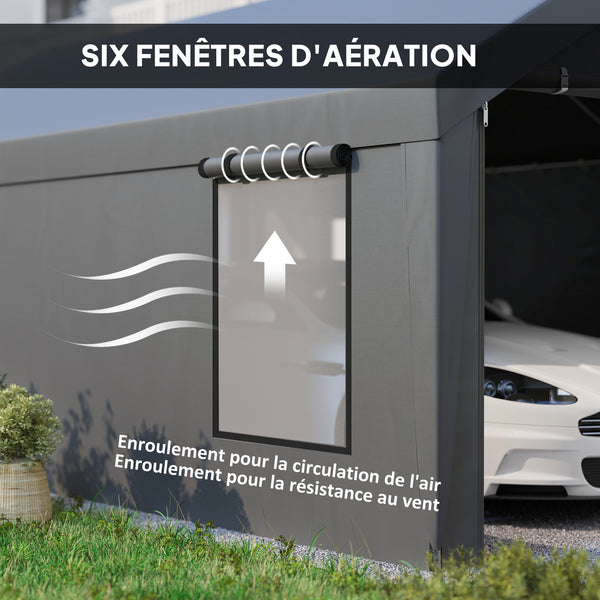 Carport tente de garage 3 x 6 m abri voiture extérieur tente de stockage avec parois latérales amovibles, 2 portes enroulables et 4 fenêtres, carport pour voiture, camion, bateau, gris foncé