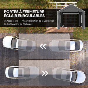 Carport tente de garage 3 x 6 m abri voiture extérieur tente de stockage avec parois latérales amovibles, 2 portes enroulables et 4 fenêtres, carport pour voiture, camion, bateau, gris foncé