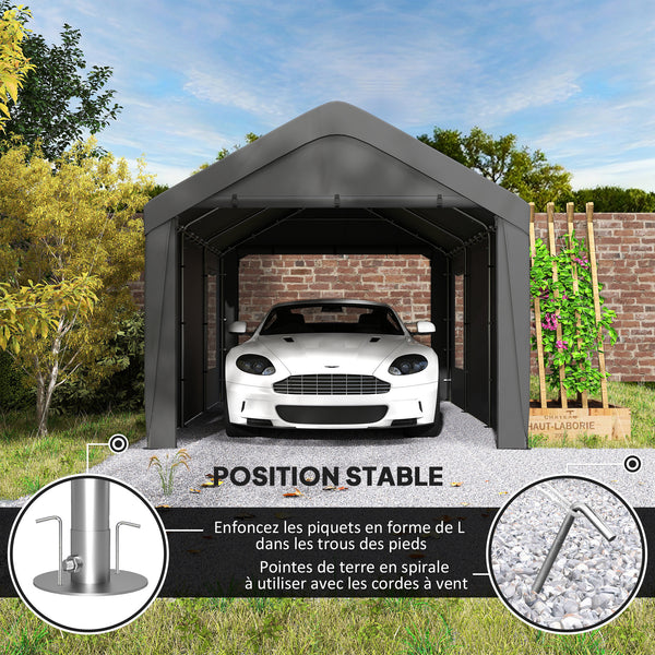 Carport tente de garage 3 x 6 m abri voiture extérieur tente de stockage avec parois latérales amovibles, 2 portes enroulables et 4 fenêtres, carport pour voiture, camion, bateau, gris foncé