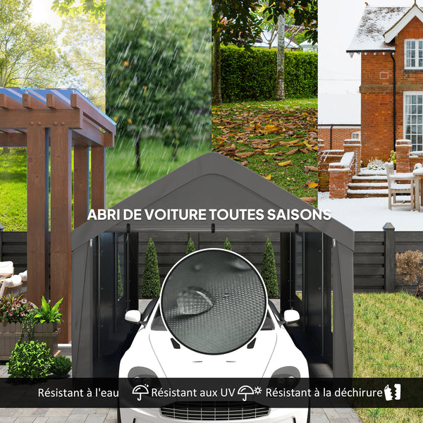 Carport tente de garage 3 x 6 m abri voiture extérieur tente de stockage avec parois latérales amovibles, 2 portes enroulables et 4 fenêtres, carport pour voiture, camion, bateau, gris foncé