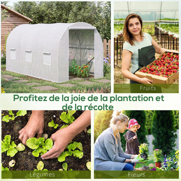 Serre de Jardin Tunnel Surface Sol 7 m² 3,5L x 2l x 2H m châssis Tubulaire renforcé 18 mm 6 fenêtres Blanc