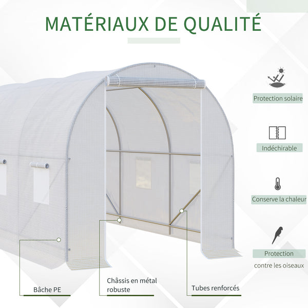Serre de Jardin Tunnel Surface Sol 7 m² 3,5L x 2l x 2H m châssis Tubulaire renforcé 18 mm 6 fenêtres Blanc