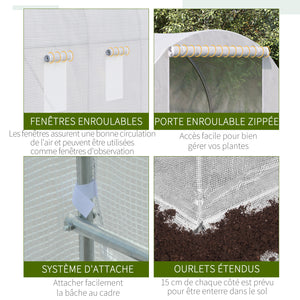 Serre de Jardin Tunnel Surface Sol 7 m² 3,5L x 2l x 2H m châssis Tubulaire renforcé 18 mm 6 fenêtres Blanc