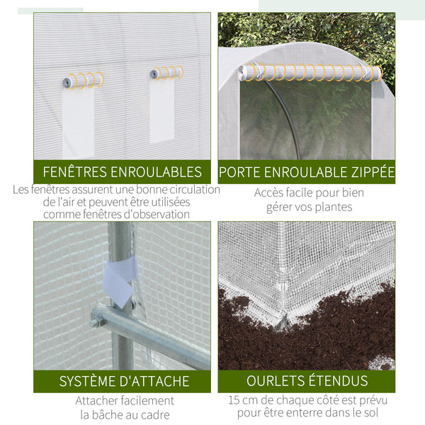 Serre de Jardin Tunnel Surface Sol 7 m² 3,5L x 2l x 2H m châssis Tubulaire renforcé 18 mm 6 fenêtres Blanc