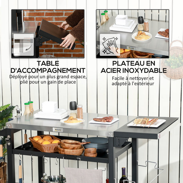 Chariot desserte pour barbecue plancha avec plateau en inox, multi-équipements, 6 crochets, tablette rabattable, 3 étages, 2 roulettes
