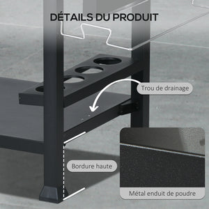 Chariot desserte pour barbecue plancha avec plateau en inox, multi-équipements, 6 crochets, tablette rabattable, 3 étages, 2 roulettes