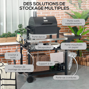 Chariot desserte pour barbecue plancha avec plateau en inox, multi-équipements, 6 crochets, tablette rabattable, 3 étages, 2 roulettes