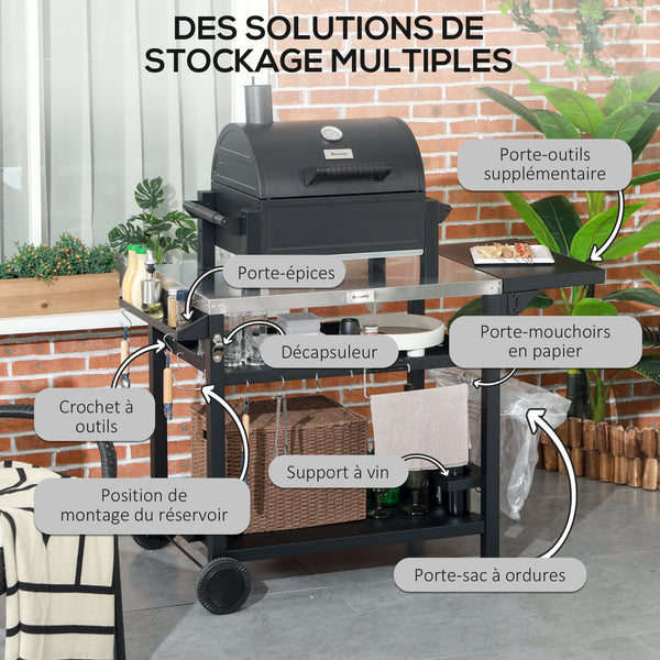 Chariot desserte pour barbecue plancha avec plateau en inox, multi-équipements, 6 crochets, tablette rabattable, 3 étages, 2 roulettes