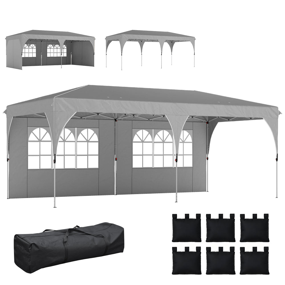 Tonnelle de jardin 3 x 6 m pop up tente pliante réglable en hauteur imperméable protection UV50+ tonnelle pliante avec 4 parois latérales 6 sacs de sable sac de transport montage facile gris