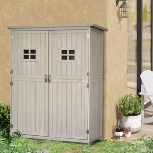 Abri de Jardin en bois Armoire de Jardin dim. 127,5L x 50l x 164H cm 2 étagères 2 Portes 2 fenêtres Toit bitumé étanche Bois Massif Sapin pré-huilé Gris